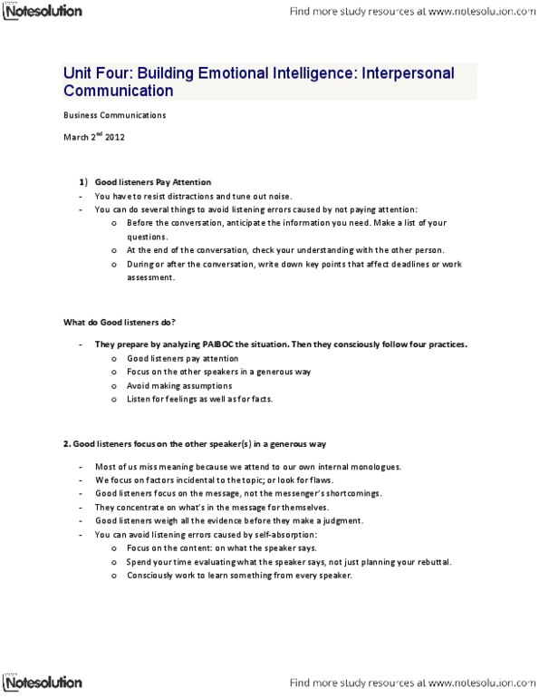 BUSI 1020U Chapter Notes -Active Listening, Pay Attention, European Canadian thumbnail