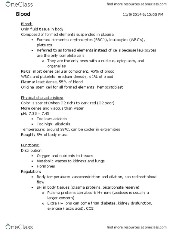 ANP 1105 Lecture 6: Topic 4 (Blood) Notes thumbnail