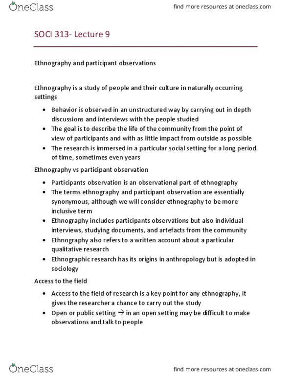 SOCI 313 Lecture Notes - Lecture 9: Ethnography, Participant Observation thumbnail