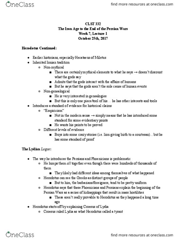 CLST 332 Lecture Notes - Lecture 14: Alyattes Of Lydia, Higher Education, Upper Class thumbnail