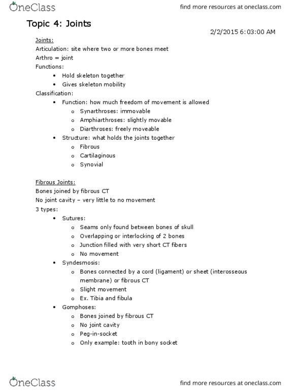 ANP 1106 Lecture Notes - Lecture 4: Muscle Contraction, Plane Joint, Metacarpal Bones thumbnail