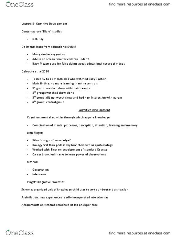 PSY210H5 Lecture Notes - Lecture 11: Habituation, Sensory Neuron, Animism thumbnail