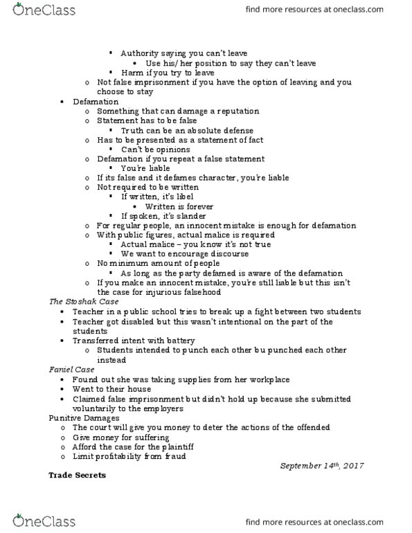 BMGT 380 Lecture Notes - Lecture 6: Actual Malice, False Imprisonment, Malicious Falsehood thumbnail