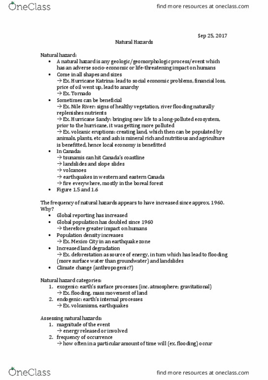 ENST 2500 Lecture Notes - Lecture 3: Natural Hazard, Land Degradation, Exogeny thumbnail