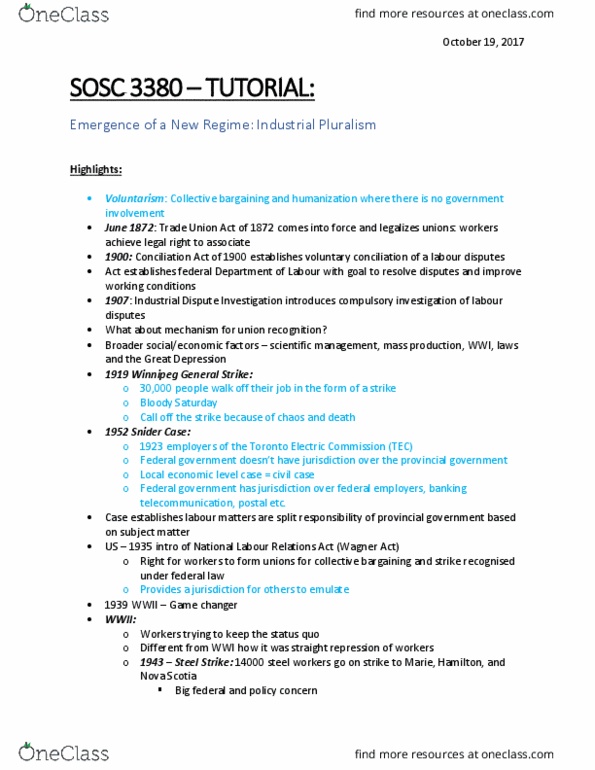 SOSC 3380 Lecture Notes - Lecture 7: National Labor Relations Act, Collective Bargaining, Scientific Management thumbnail