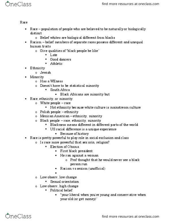 SOC 1001 Lecture Notes - Lecture 9: Eugenics, Hillbilly, Miscegenation thumbnail