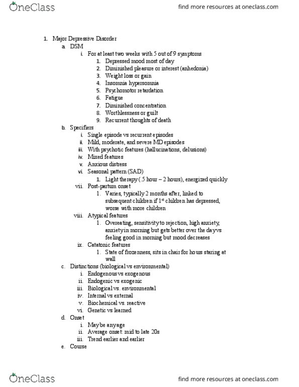 PSC 168 Lecture Notes - Lecture 9: Premenstrual Dysphoric Disorder, Major Depressive Disorder, Psychomotor Retardation thumbnail