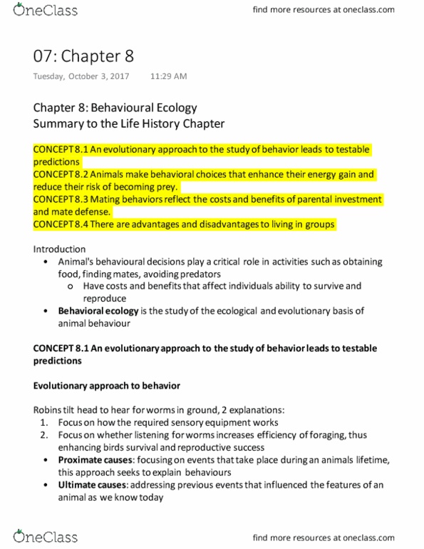 Biology 2483A Lecture Notes - Lecture 7: Optimal Foraging Theory, Adaptation, Behavioral Ecology thumbnail