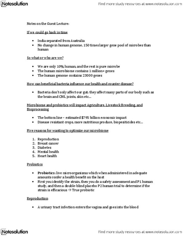 Microbiology and Immunology 2500A/B Lecture Notes - Lactobacillus Reuteri, List Of Microbiota Species Of The Lower Reproductive Tract Of Women, Urinary Tract Infection thumbnail