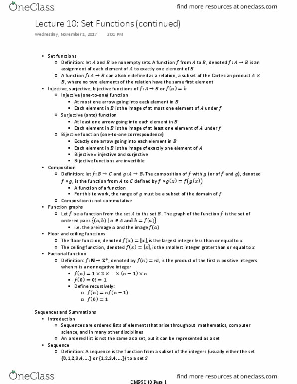 CMPSC 40 Lecture Notes - Lecture 10: Mathematical Induction, Bijection, Arithmetic Progression thumbnail