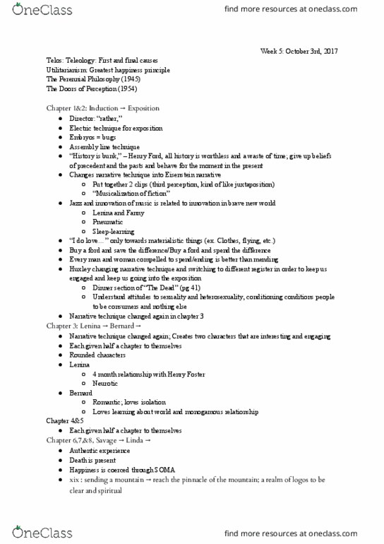 English 1022E Lecture Notes - Lecture 8: True North, Perennial Philosophy, Teleology thumbnail