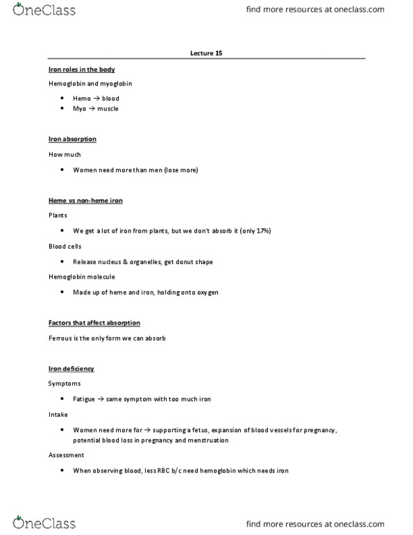 HSS 2342 Lecture Notes - Lecture 15: Zinc Deficiency, Heme, Hemoglobin thumbnail