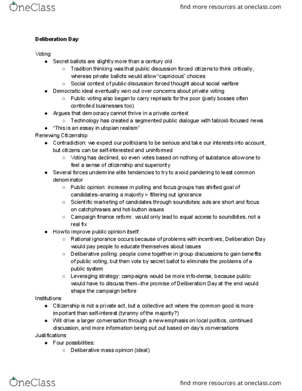 PSC 436 Chapter Notes - Chapter 1: Campaign Finance Reform In The United States, Deliberative Opinion Poll, Secret Ballot thumbnail