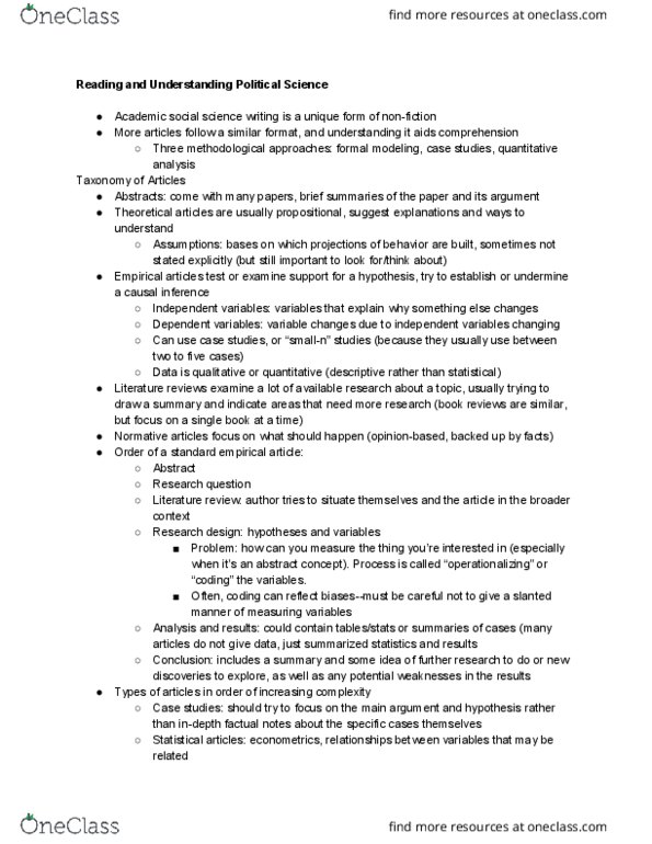 PSC 344 Chapter Notes - Chapter 1: Literature Review, Causal Inference, Dependent And Independent Variables thumbnail