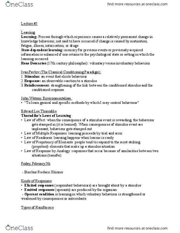 EDUC 220 Lecture Notes - Lecture 5: Applied Behavior Analysis, Reinforcement, B. F. Skinner thumbnail