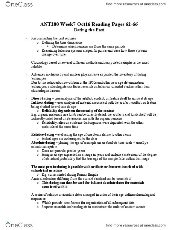 ANT200H5 Chapter Notes - Chapter Week 7: Conversion Of Units, Dendrochronology, Geochronology thumbnail