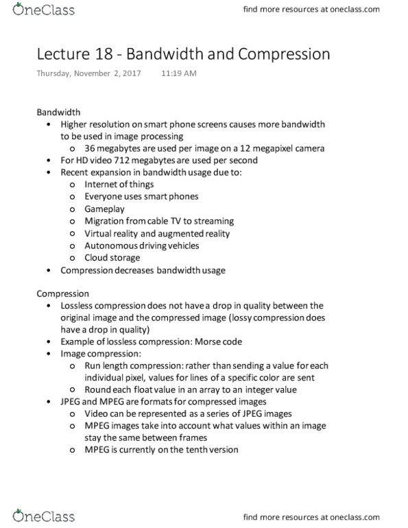 ENGRI 1620 Lecture Notes - Lecture 18: Lossy Compression, Lossless Compression, Cloud Storage thumbnail