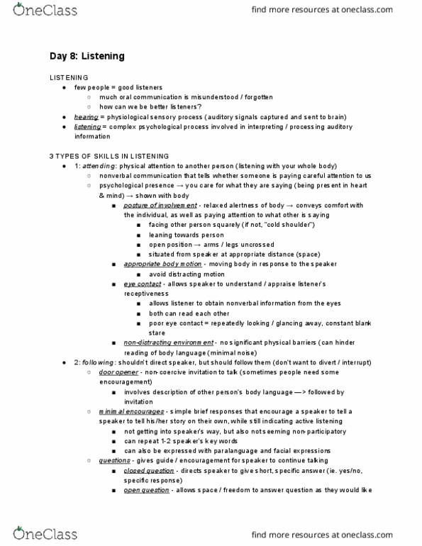 COMM ST 10 Lecture Notes - Lecture 8: Nonverbal Communication, Paralanguage, Active Listening thumbnail