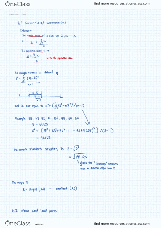 STATS 3Y03 Lecture 16: 6.1-6.3 Numerical summaries thumbnail