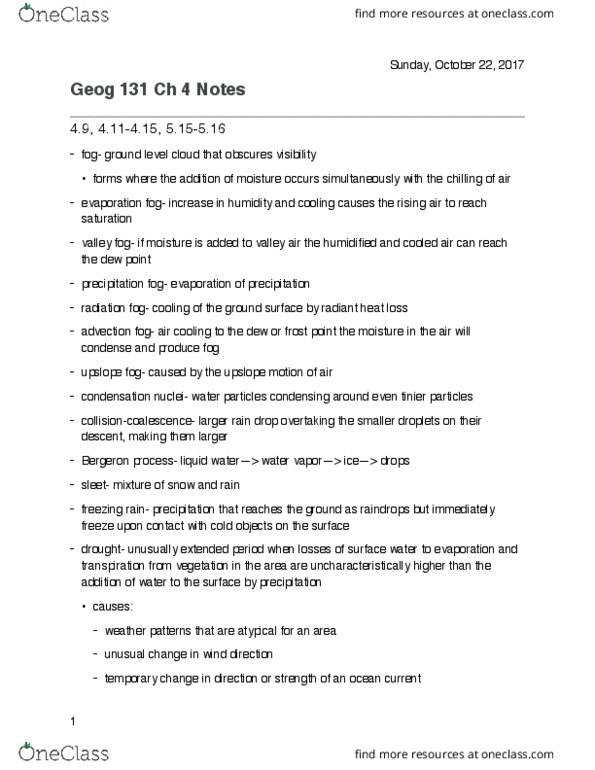 GEOG 131 Chapter Notes - Chapter 4.9, 4.11-4.15, 5.15-5.16: Return Period, Fog, Freezing Rain thumbnail