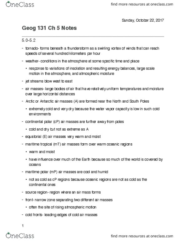 GEOG 131 Chapter Notes - Chapter 5.0-5.2: Solar Irradiance, Thunderstorm thumbnail