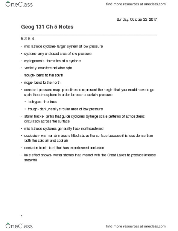 GEOG 131 Chapter Notes - Chapter 5.3-5.4: Atmospheric Circulation, Occluded Front, Cool Air thumbnail