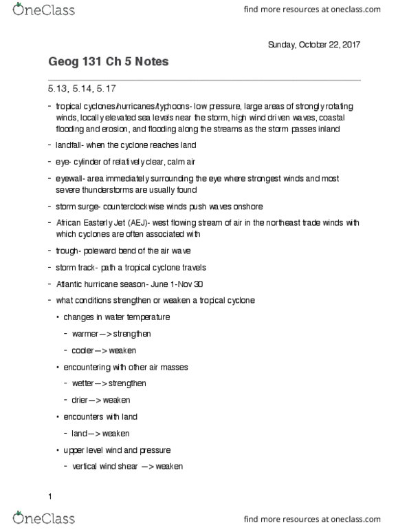 GEOG 131 Chapter Notes - Chapter 5.13, 5.14, 5.17: Wind Shear, Landfall thumbnail