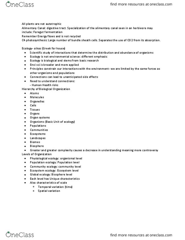 BISC302 Lecture Notes - Lecture 1: Gastrointestinal Tract, Ecosystem Ecology, C4 Carbon Fixation thumbnail