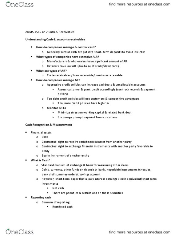 ADMS 3585 Chapter Notes - Chapter 7: Book Value, Transaction Cost, Cash Flow thumbnail