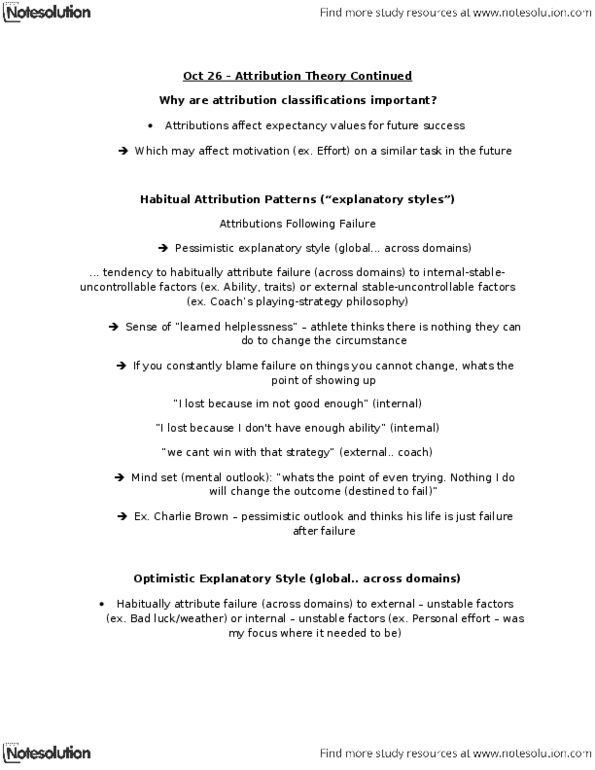 PEDS303 Lecture Notes - Attribution (Psychology), Explanatory Style, Positive Psychology thumbnail