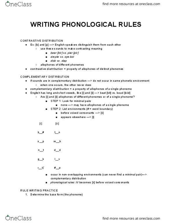 LING 1 Lecture Notes - Lecture 10: Phonological Rule, Contrastive Distribution, Complementary Distribution thumbnail