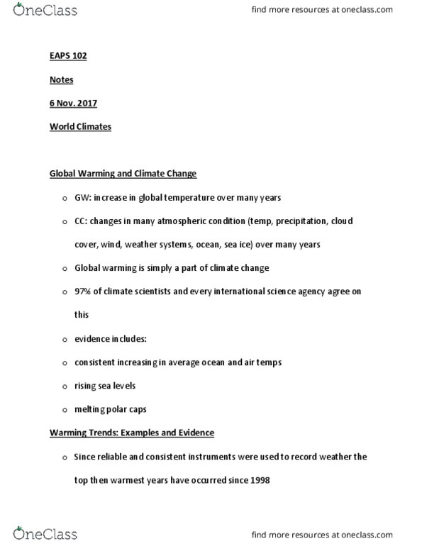 EAPS 10200 Lecture Notes - Lecture 12: Greenland Ice Sheet, Global Warming thumbnail
