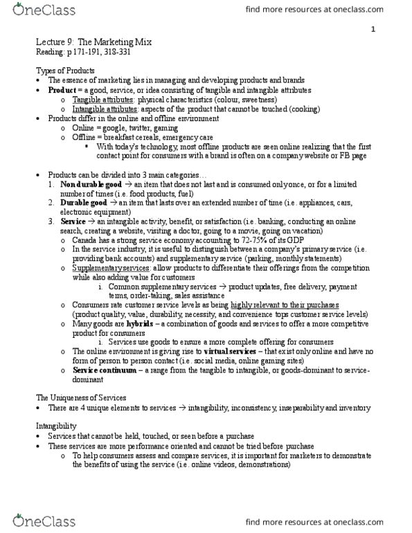 Management and Organizational Studies 1021A/B Chapter Notes - Chapter 9: Durable Good, Intangibility, Marketing Mix thumbnail