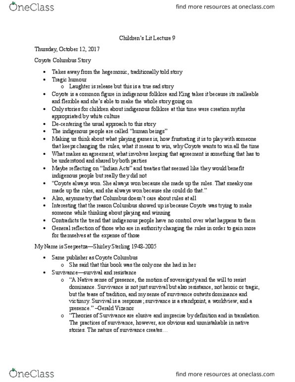 ENG234H1 Lecture Notes - Lecture 9: Gerald Vizenor thumbnail