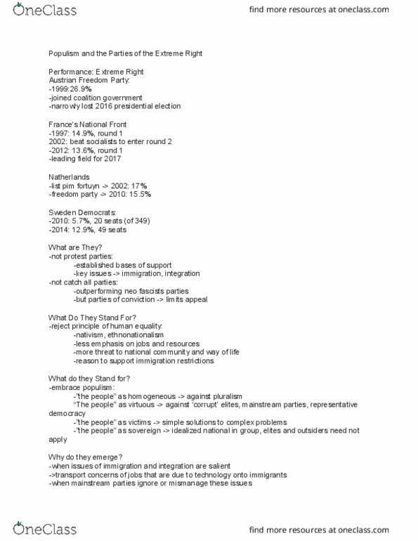 Political Science 1020E Lecture Notes - Lecture 12: Freedom Party Of Austria, Pim Fortuyn, Plurality Voting System thumbnail