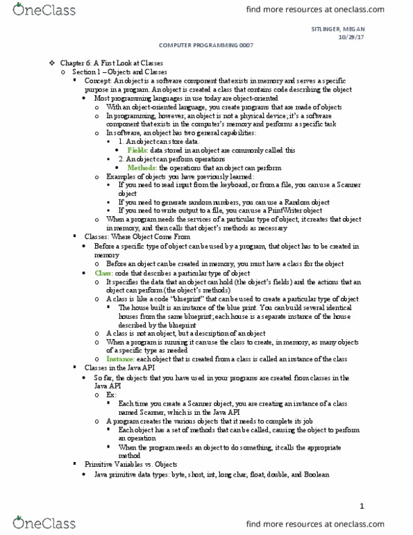 CS 0007 Chapter Notes - Chapter 6: Default Constructor, String Literal, Local Variable thumbnail