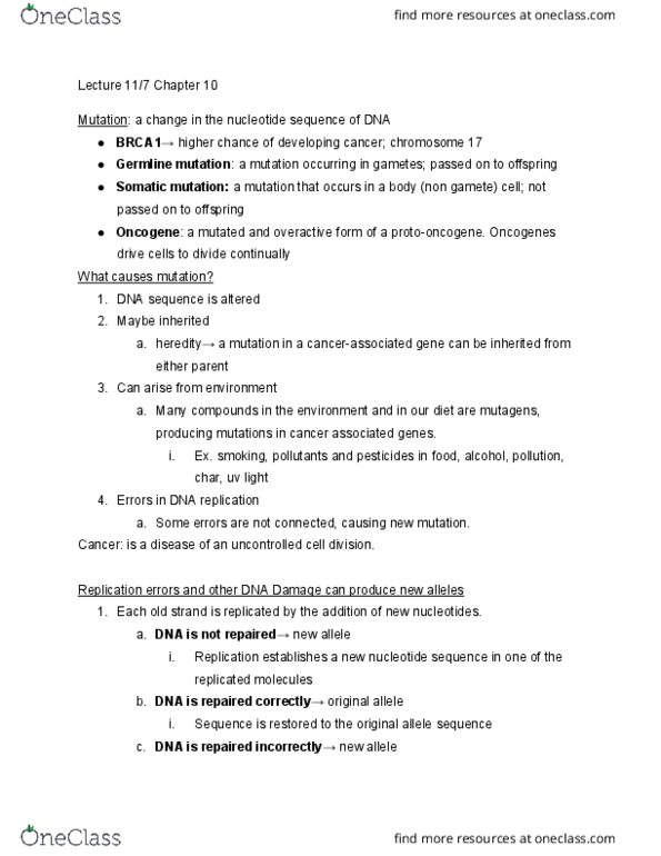 BIOL 101 Chapter Notes - Chapter 10: Cancer, Benign Tumor, Germline Mutation thumbnail