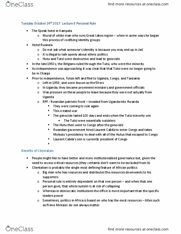 POLS 3000 Lecture Notes - Lecture 10: Patronage, Mobutu Sese Seko, Ellen Johnson Sirleaf thumbnail