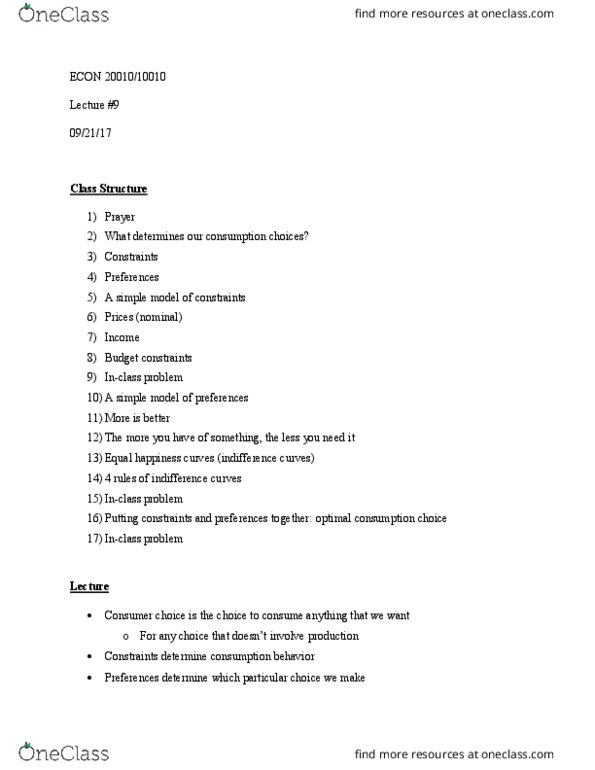 ECON 10010 Lecture Notes - Lecture 9: Bc1, Budget Constraint, Indifference Curve thumbnail