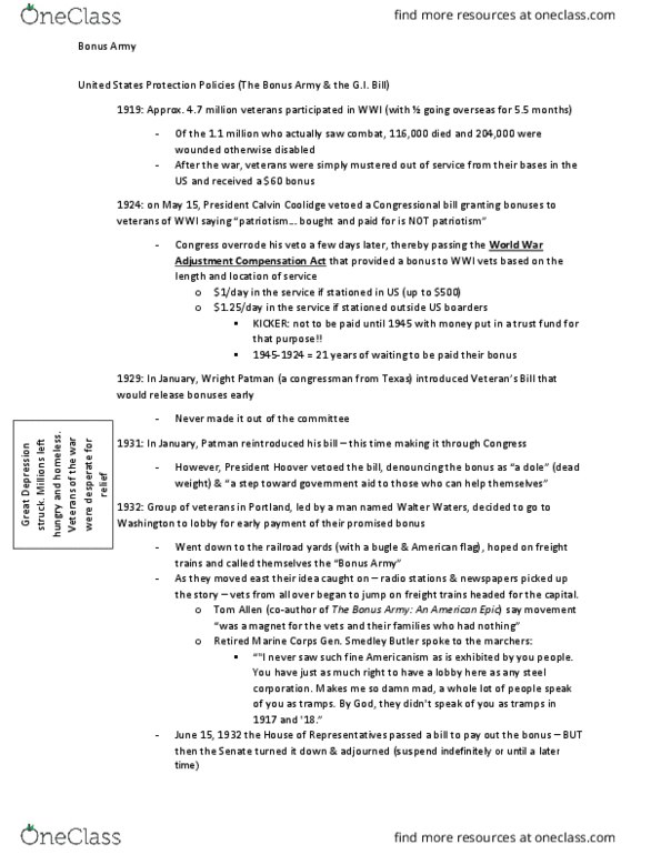 FHCE 5100 Lecture Notes - Lecture 7: Douglas Macarthur, Wright Patman, Bonus Army thumbnail