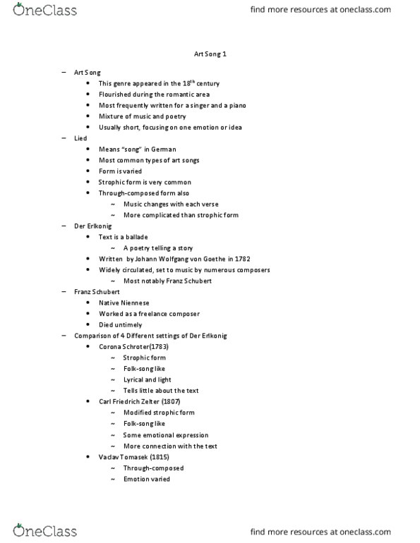 MUS 100 Lecture Notes - Lecture 9: Johann Wolfgang Von Goethe, Strophic Form, Carl Friedrich Zelter thumbnail