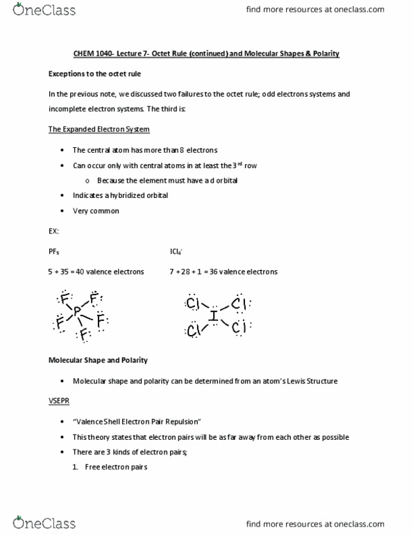 CHEM 1040 Lecture Notes - Lecture 7: Electronegativity, Diatomic Molecule, Sigma Bond thumbnail