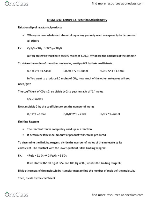 CHEM 1040 Lecture Notes - Lecture 12: Limiting Reagent, Molar Mass, Reagent thumbnail