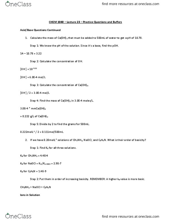 CHEM 1040 Lecture Notes - Lecture 23: Conjugate Acid, Weak Base, Magic 2Ch thumbnail