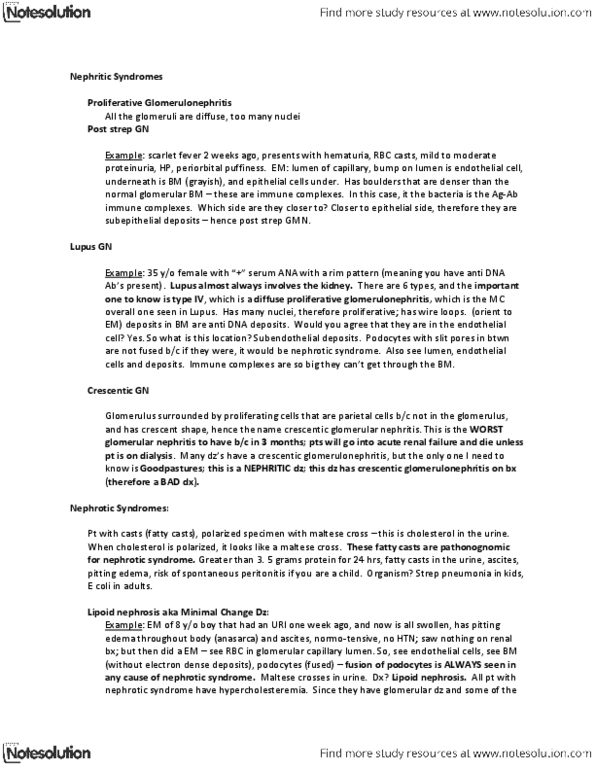 NURS 203 Lecture Notes - Focal Segmental Glomerulosclerosis, Membranous Glomerulonephritis, Maltese Cross thumbnail