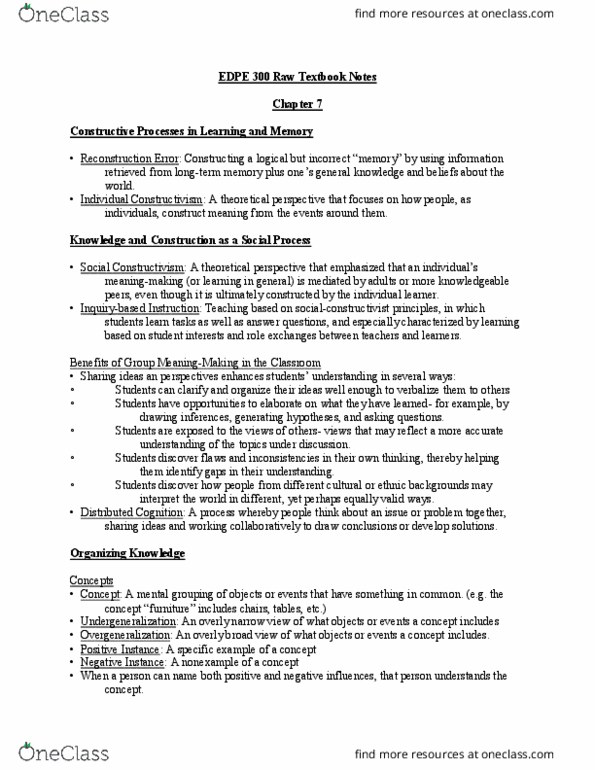 EDPE 300 Chapter Notes - Chapter 7-12: Deductive Reasoning, Learned Helplessness, Operant Conditioning thumbnail