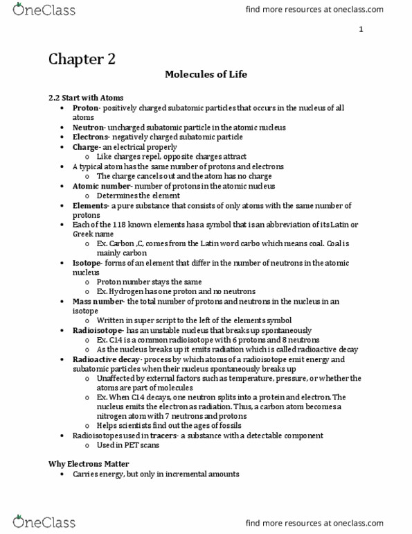 Biology 1225 Chapter Notes - Chapter 2: Lipid Bilayer, Polymer, Cholesterol thumbnail