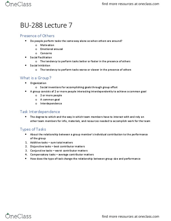 BU288 Lecture Notes - Lecture 7: Process Gain, Big5, Groupthink thumbnail