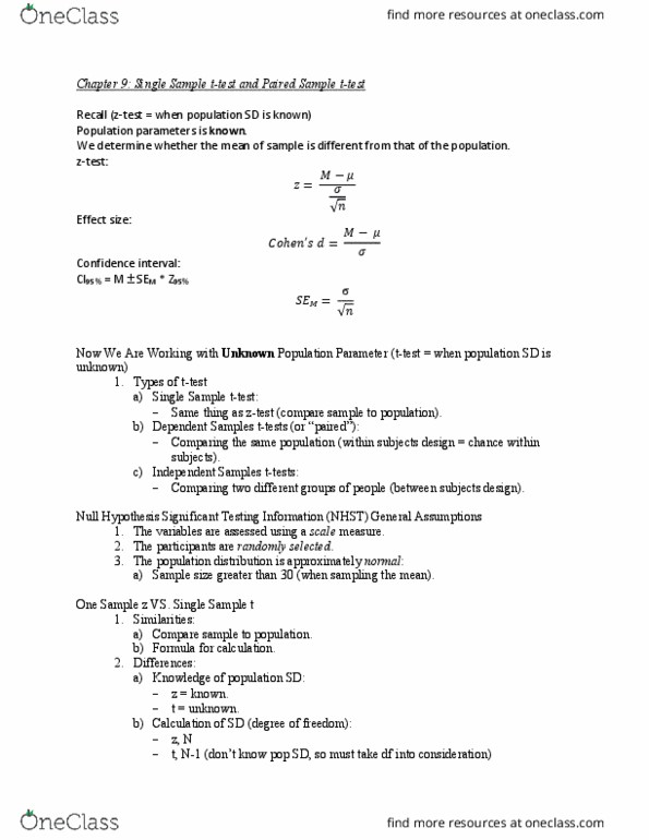 PSYC 315 Chapter Notes - Chapter 9: Squared Deviations From The Mean, Test Statistic, Statistical Parameter thumbnail