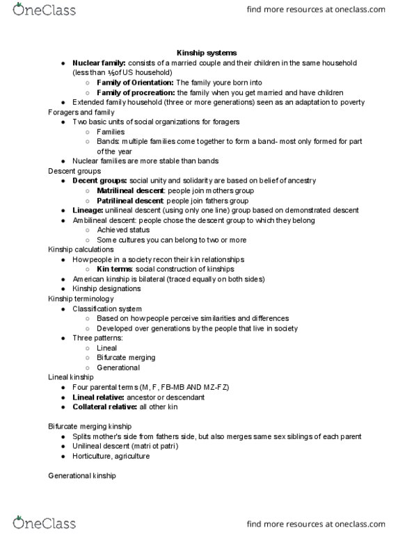 ANTH 103 Lecture Notes - Lecture 13: Cultural Universal, Unilineality, Patrilineality thumbnail